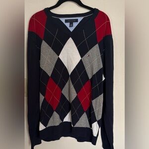 Tommy Hilfiger Mens Sweater Argyle V-neck Diamond Pattern Knit Blue Red XL